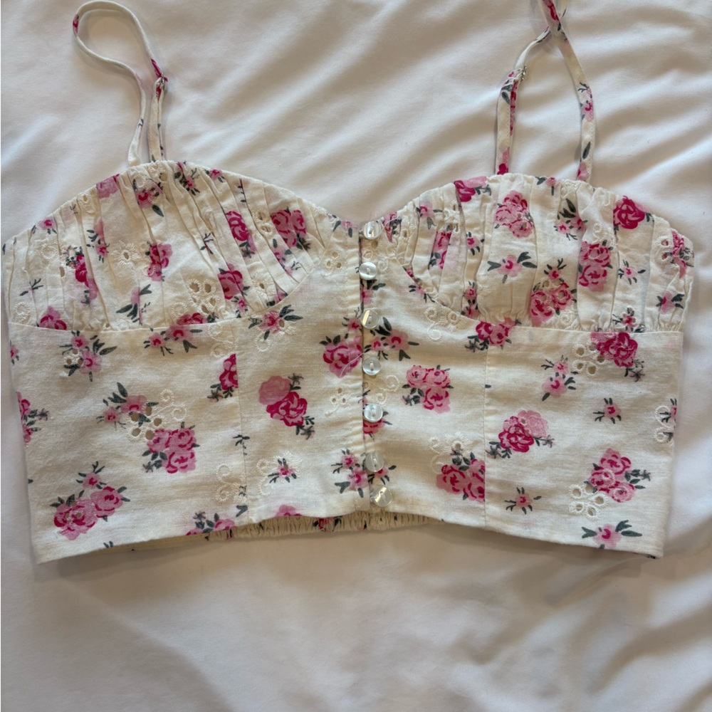 Zara Cream and Pink Floral Knit Top